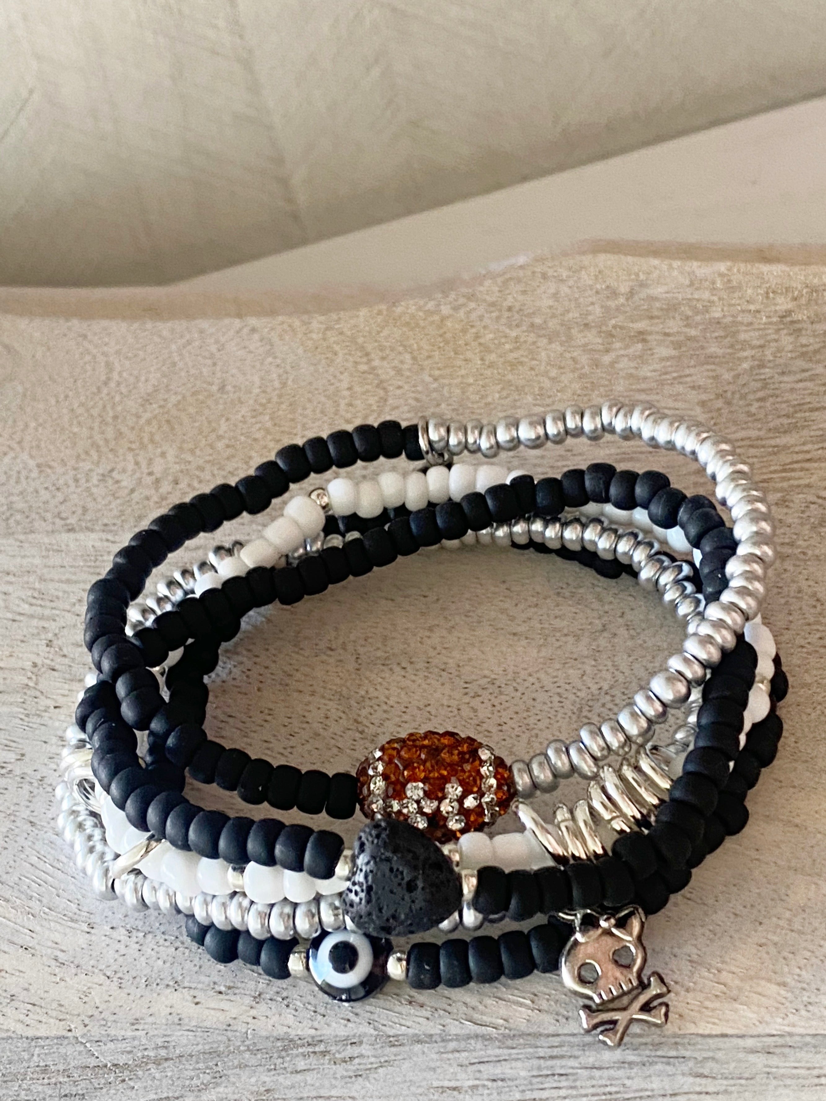 Black & Silver Football Bracelet Stack