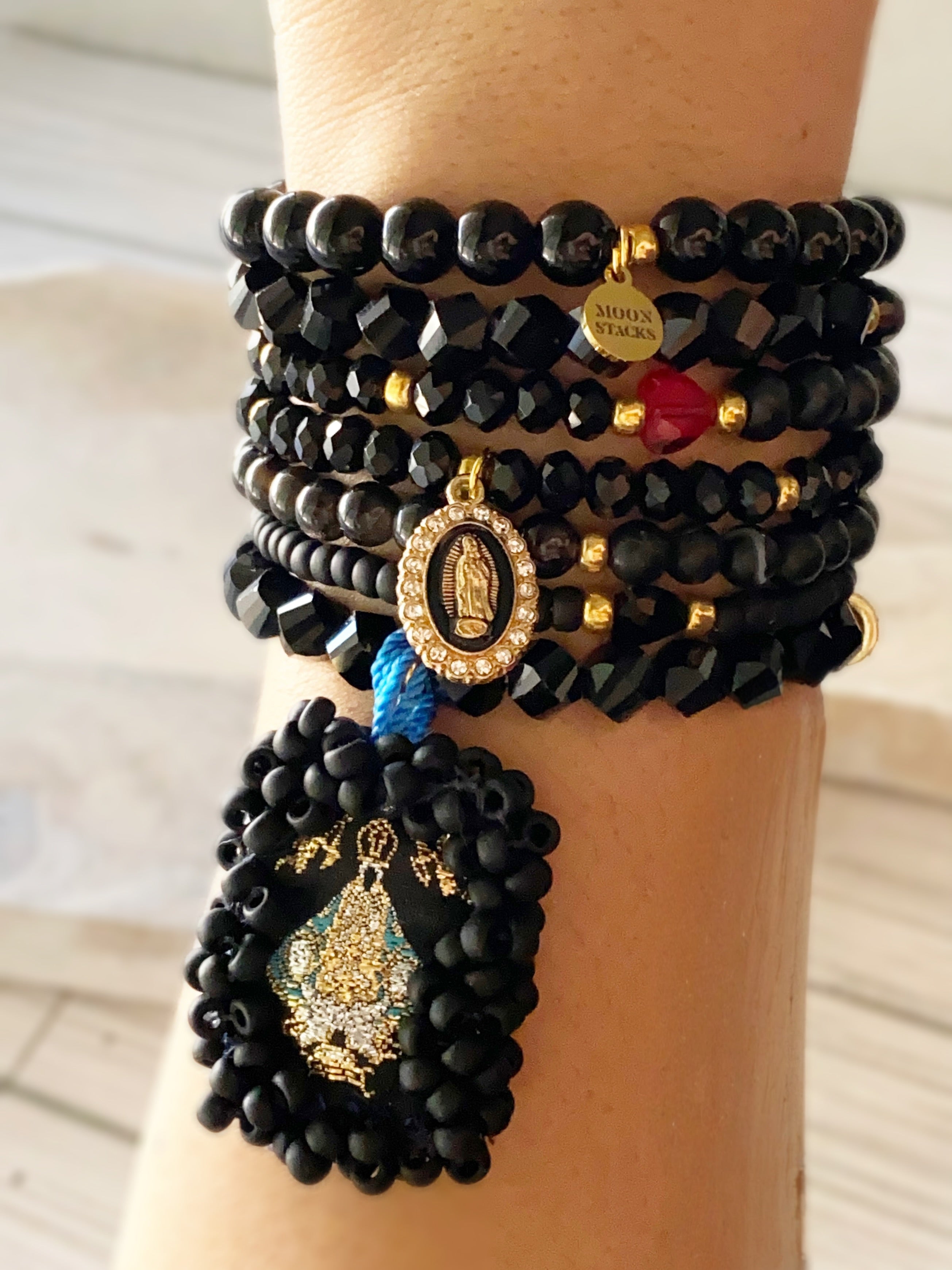 Black Escapulario Bracelet Stack