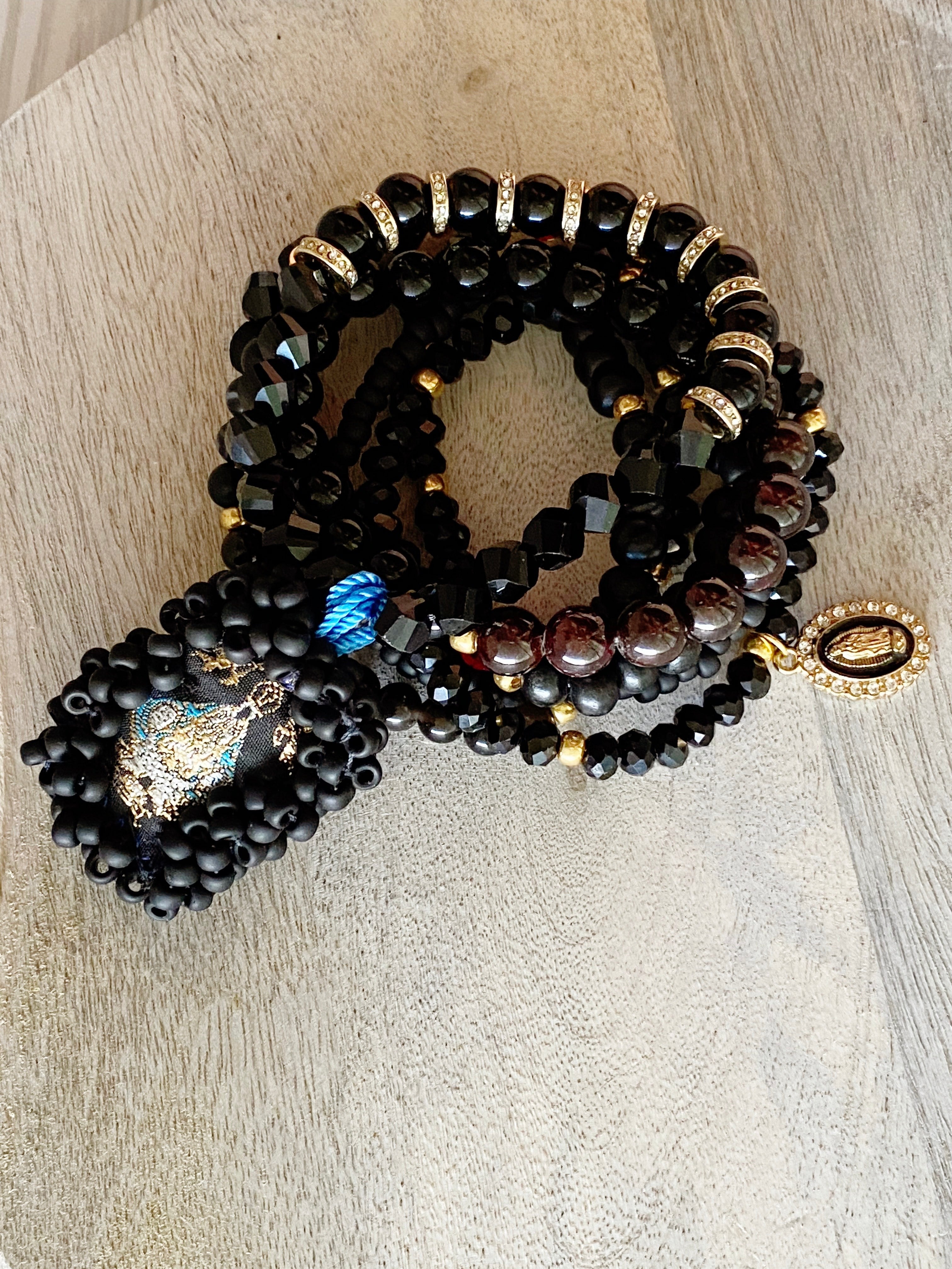 Black Escapulario Bracelet Stack
