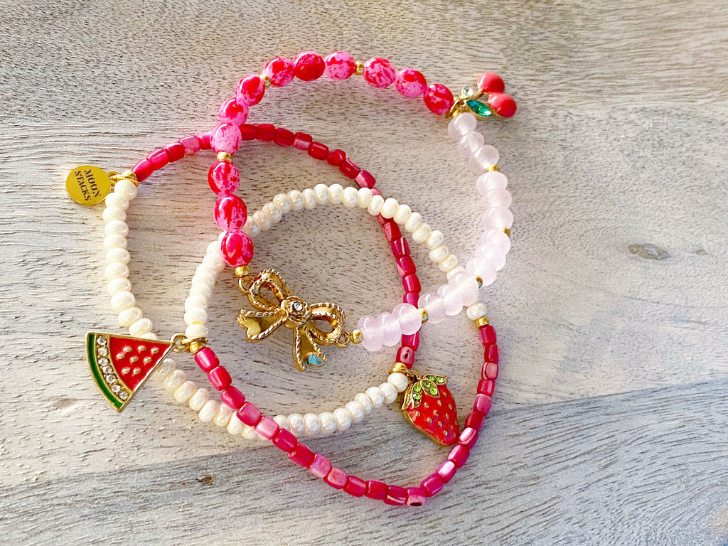 Strawberry Sorbet Beaded Beaded Bracelet Stack