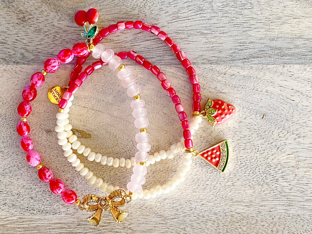 Strawberry Sorbet Beaded Beaded Bracelet Stack