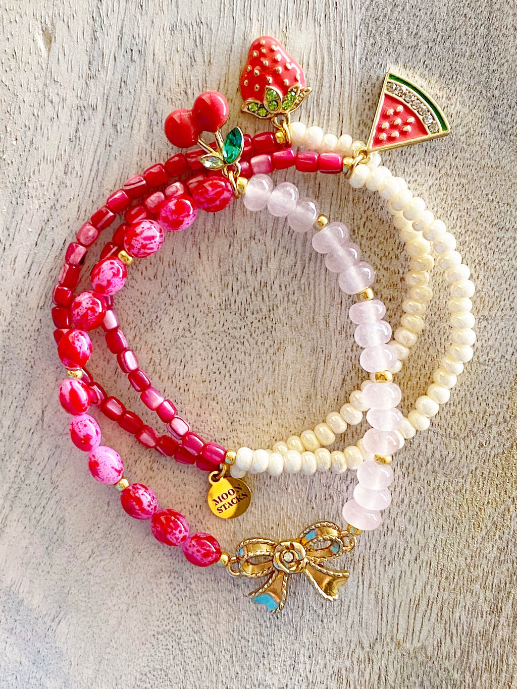 Strawberry Sorbet Beaded Beaded Bracelet Stack