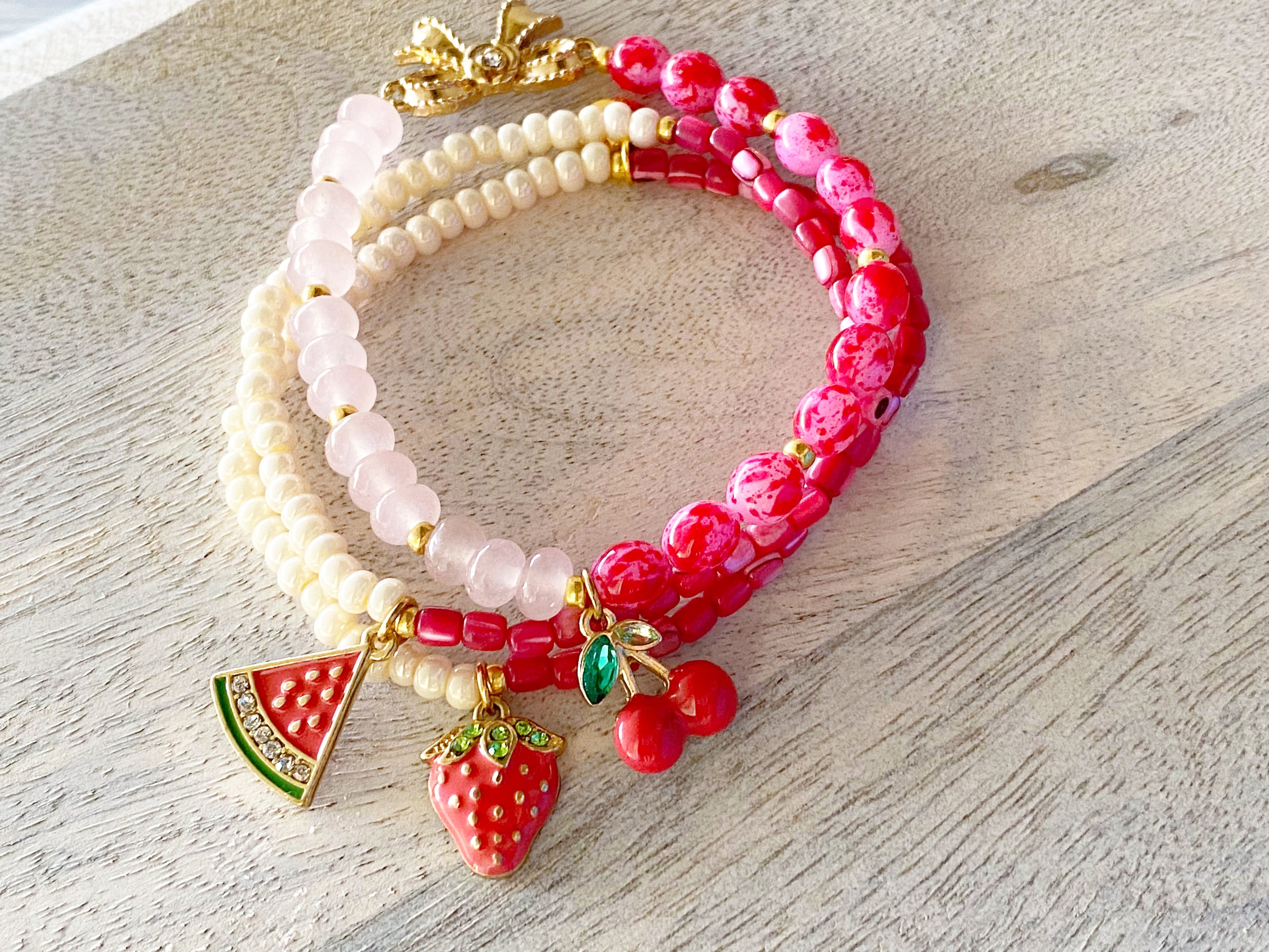 Strawberry Sorbet Beaded Beaded Bracelet Stack