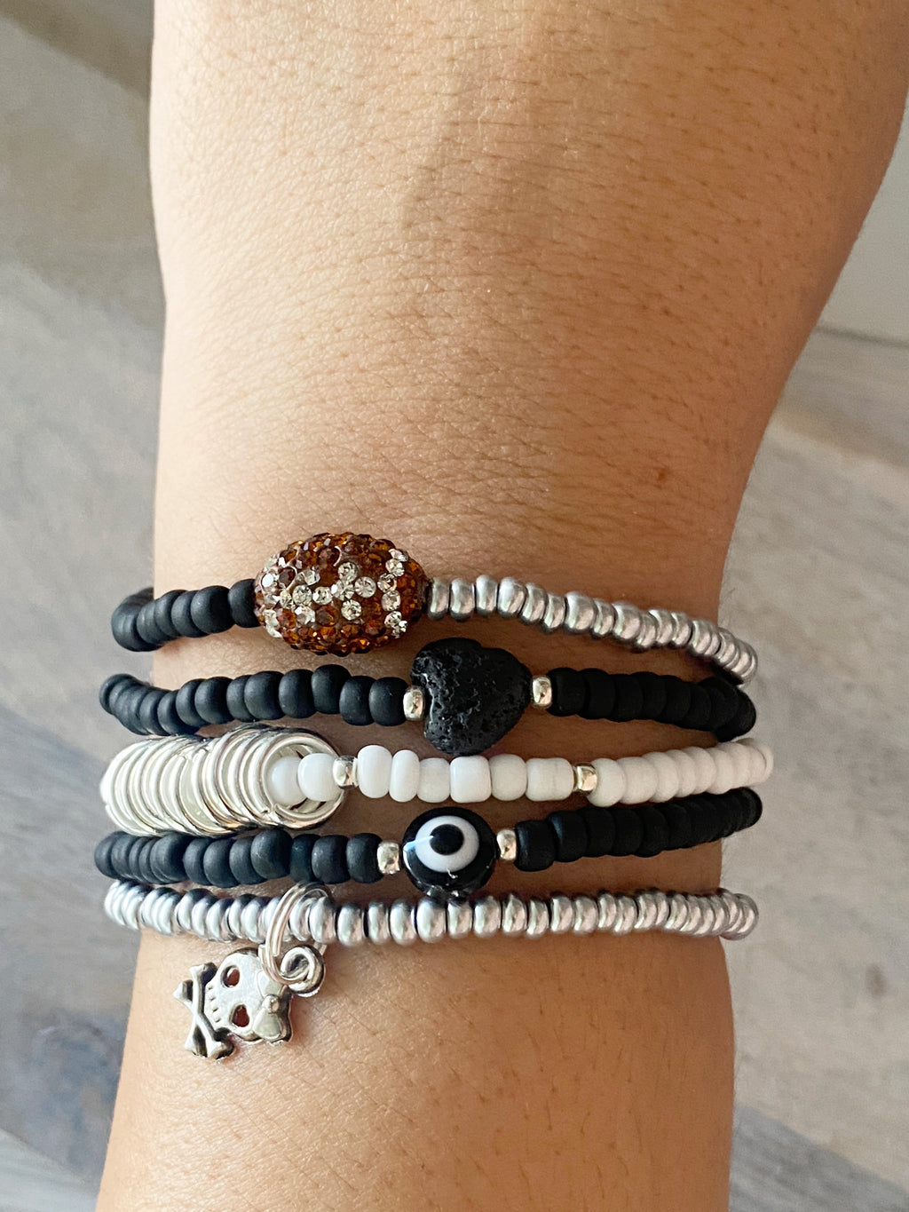 Black & Silver Football Bracelet Stack