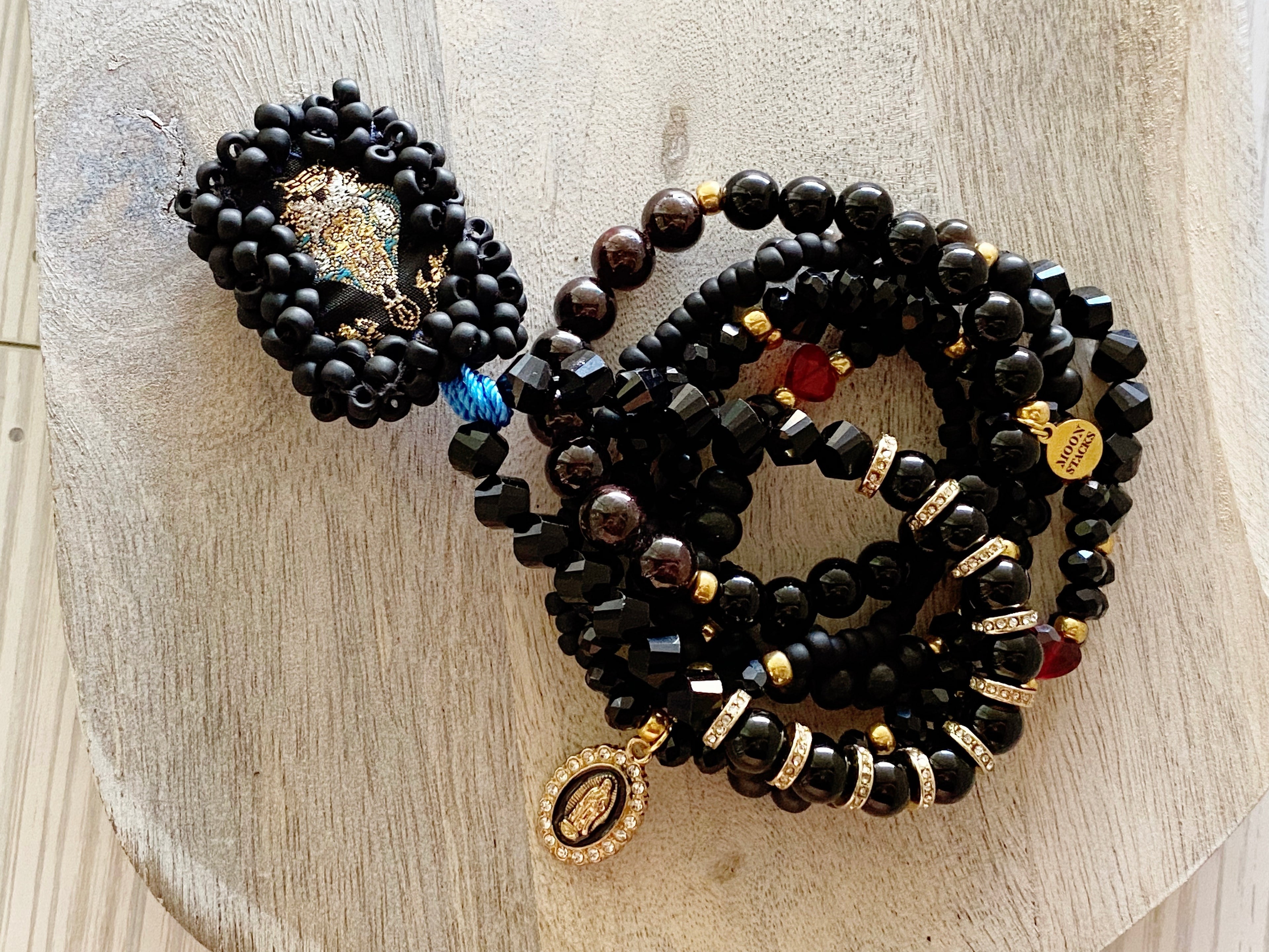Black Escapulario Bracelet Stack