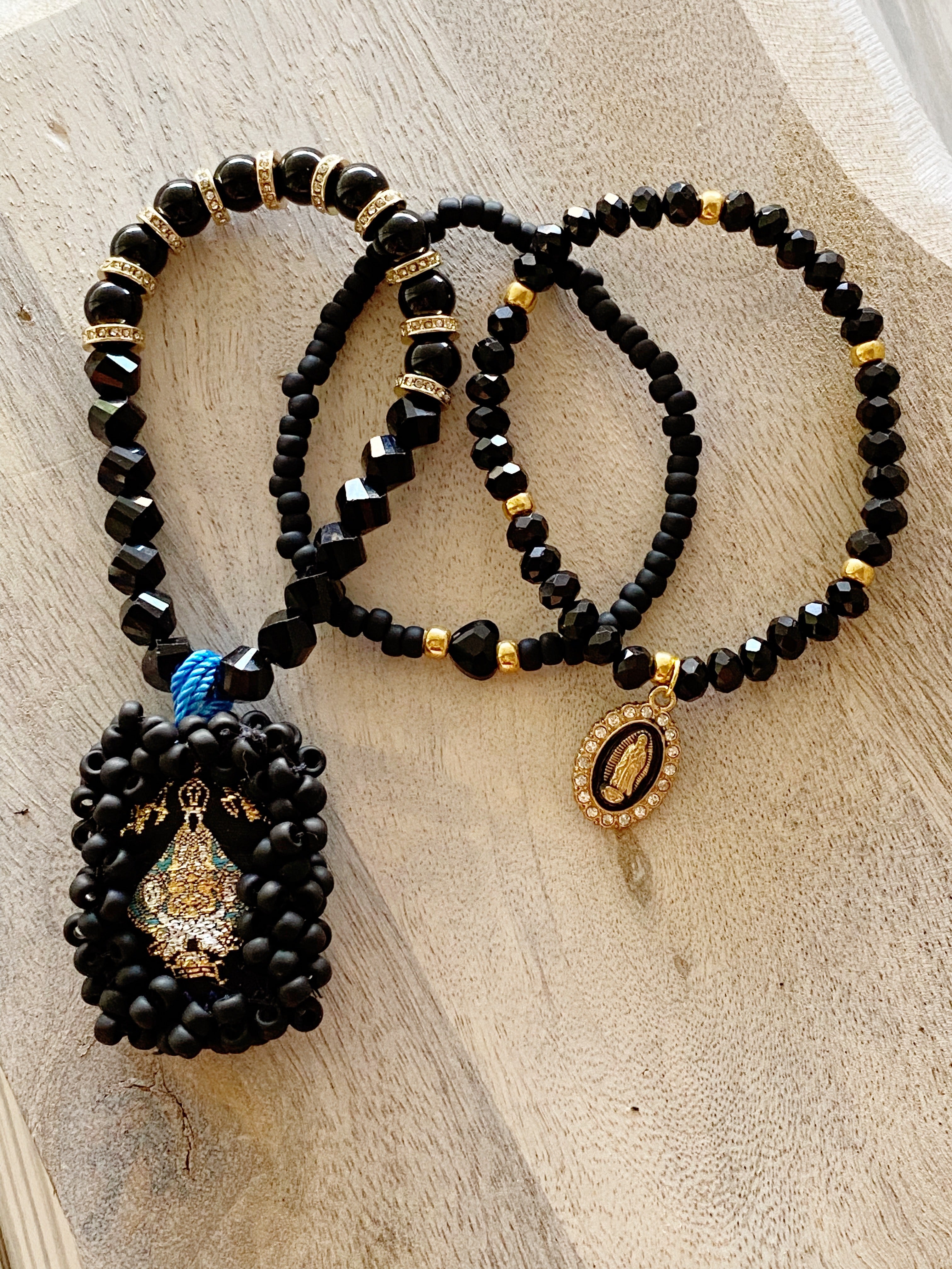Black Escapulario Bracelet Stack