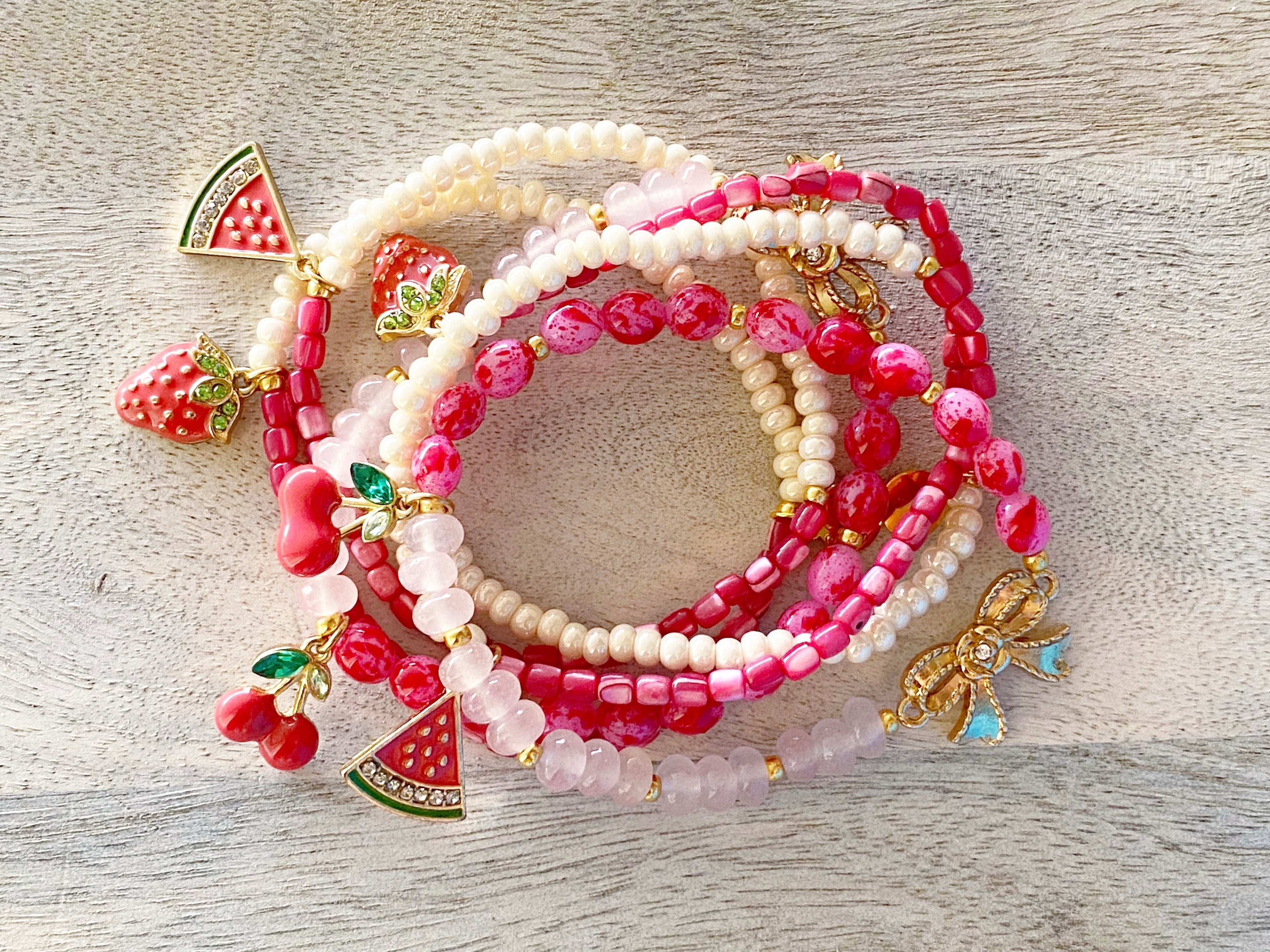 Strawberry Sorbet Beaded Beaded Bracelet Stack