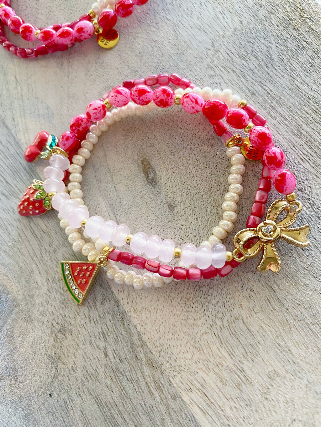 Strawberry Sorbet Beaded Beaded Bracelet Stack