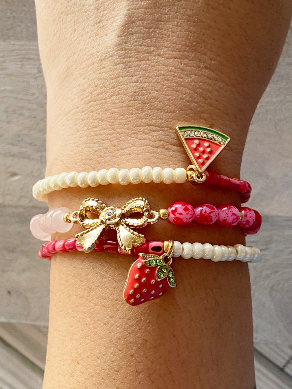 Strawberry Sorbet Beaded Beaded Bracelet Stack