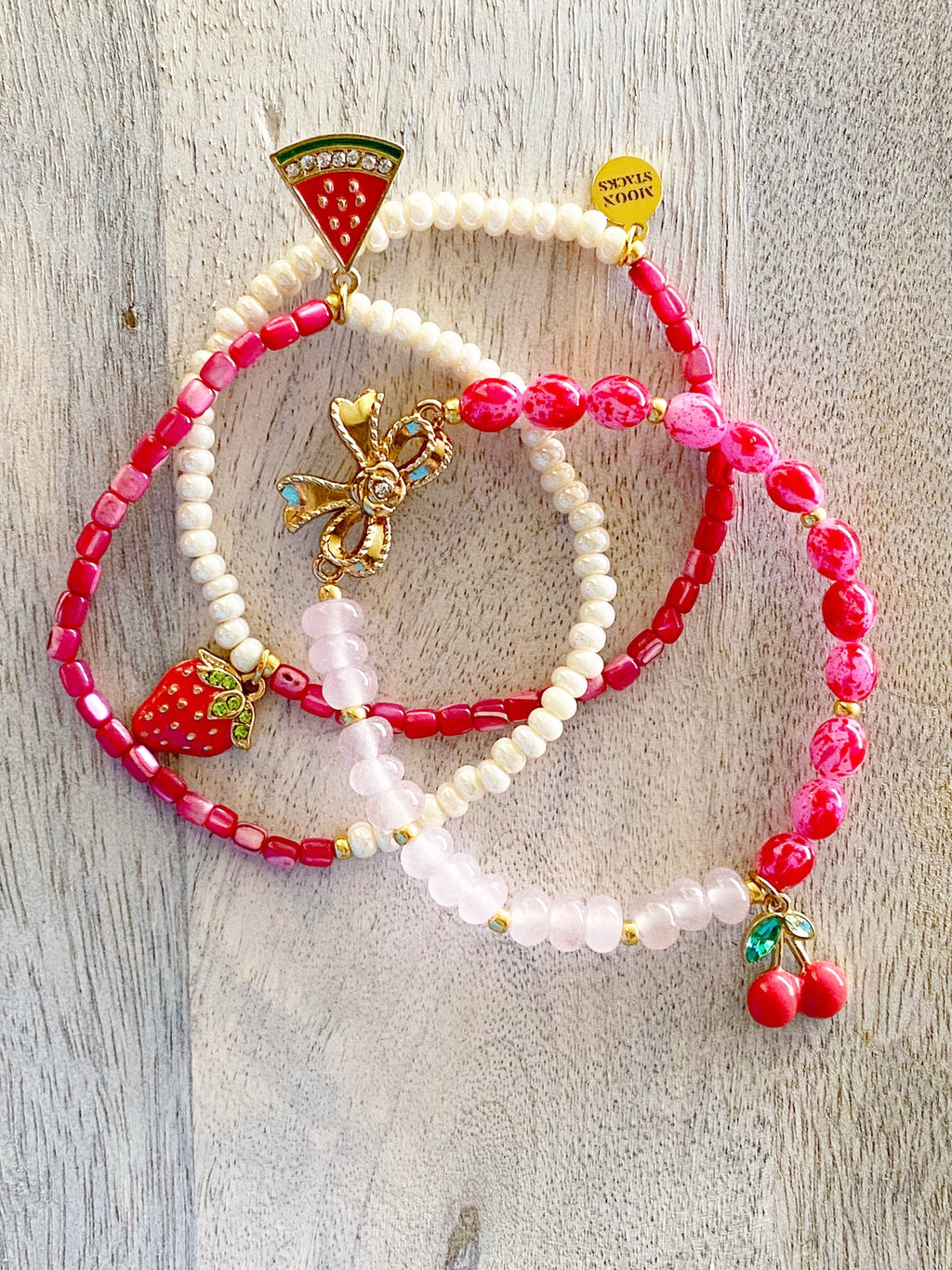 Strawberry Sorbet Beaded Beaded Bracelet Stack