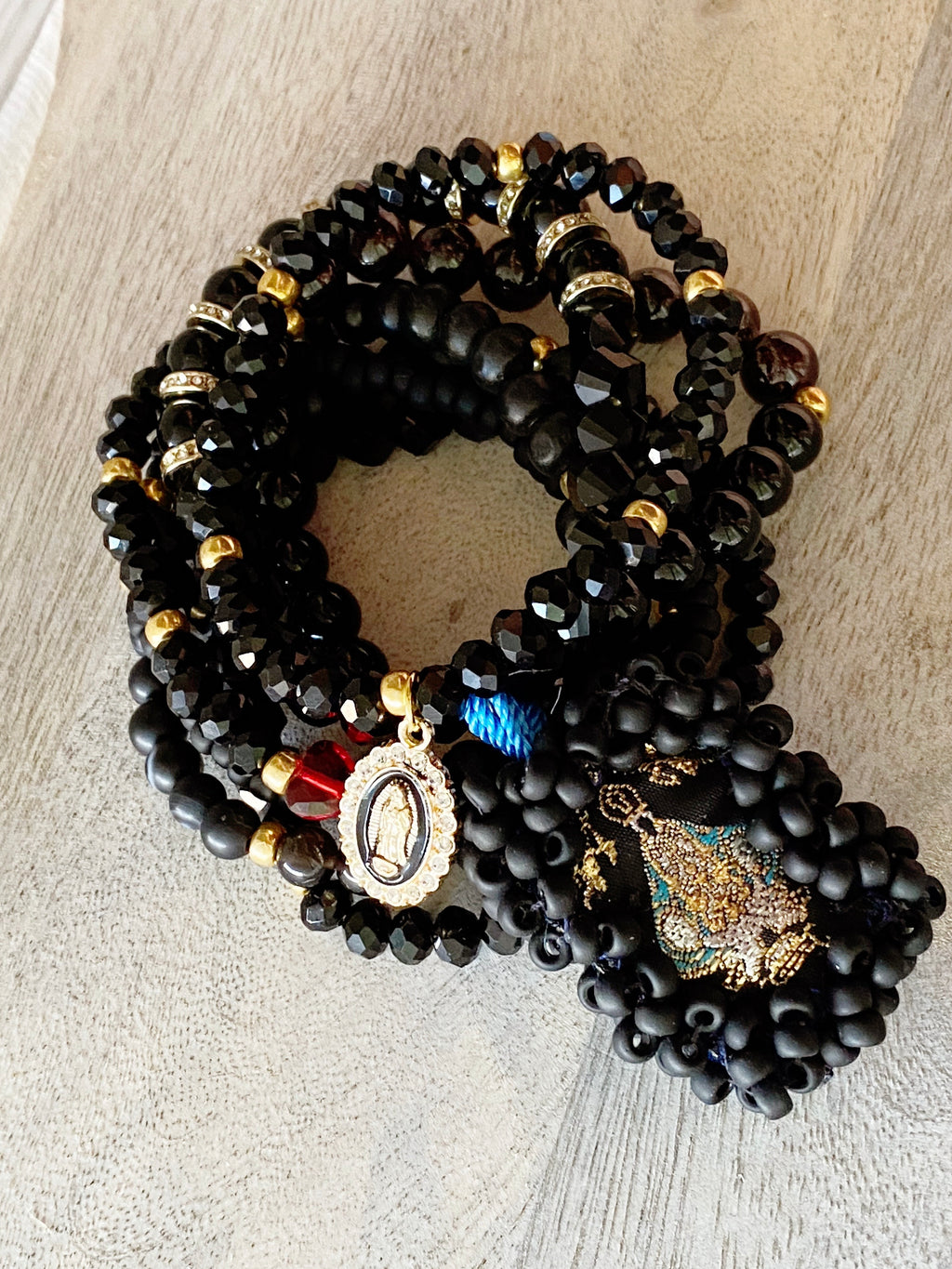 Black Escapulario Bracelet Stack